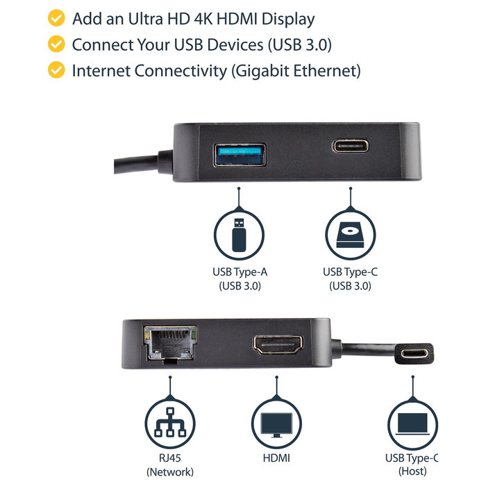 StarTech.com Adaptador Multipuertos USB C HDMI 4K, Ethernet Gigabit, USB 3.0, Negro