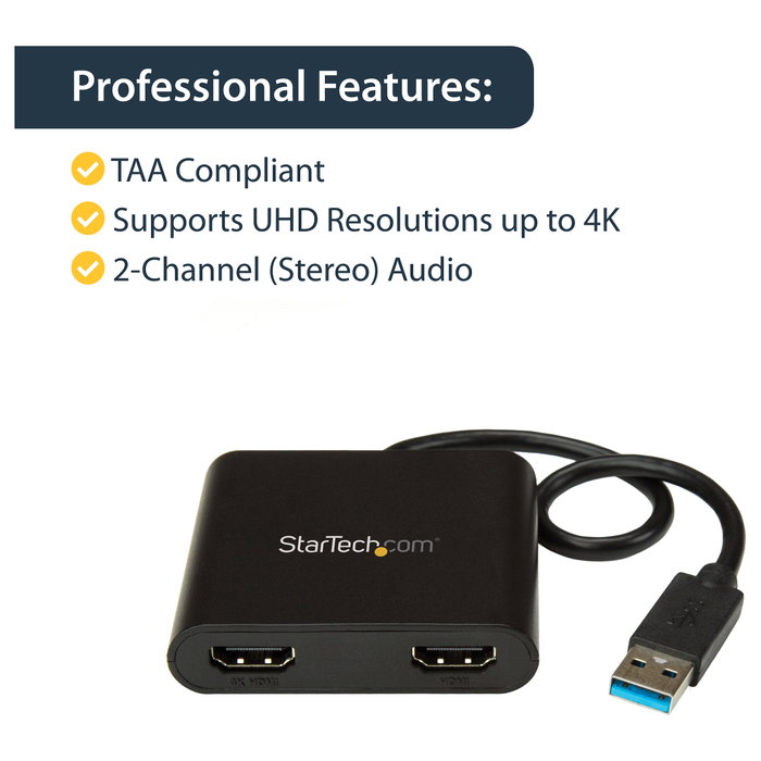 StarTech.com Adaptador Gráfico USB 3.0 a Doble HDMI 4K, Negro