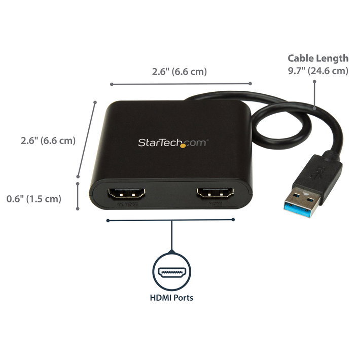 StarTech.com Adaptador Gráfico USB 3.0 a Doble HDMI 4K, Negro