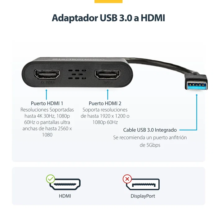 StarTech.com Adaptador USB 3.0 a 2x HDMI 4K Negro