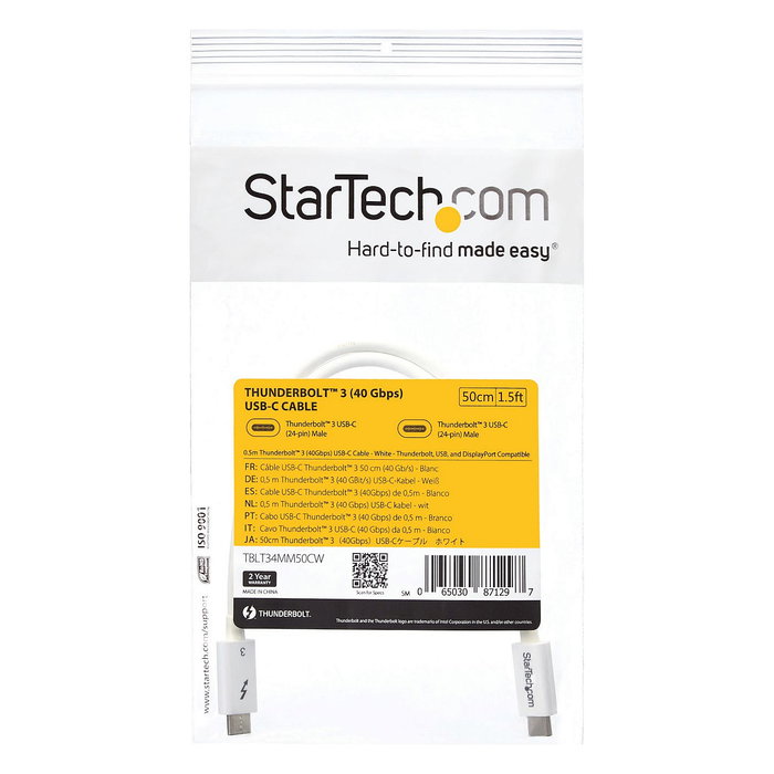 StarTech Cable Thunderbolt 3 USB-C a USB-C, 0,5 m, Blanco, 40 Gbps StarTech Cable Thunderbolt 3 USB-C a USB-C, 0,5 m, Blanco, 40 Gbps