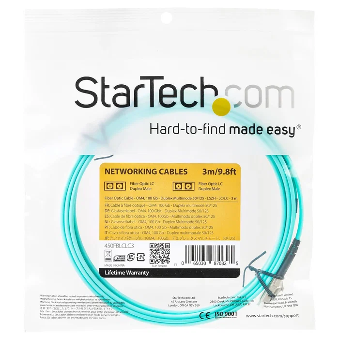 StarTech Cable de Fibra Óptica OM4 Dúplex Multimodo 50/125, LC/LC, 3m, Aquamarina, 100 Gbit/s, 450FBLCLC3 - LSZH, Compatible con SAN, SFP+, QSFP+