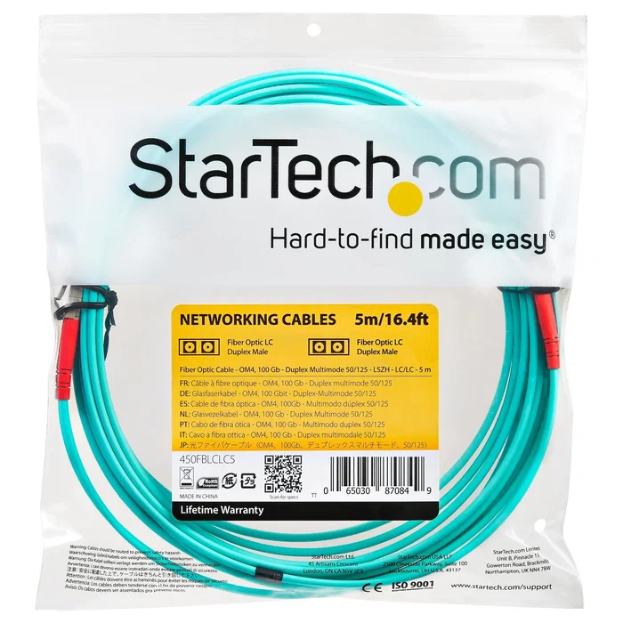 StarTech 450FBLCLC5 Cable Fibra Óptica OM4 LC-LC 5m Multimodo 50/125 100Gbps 40GBase-SR4 LSZH Aguamarina - Compatible con SFP+, QSFP+, SAN