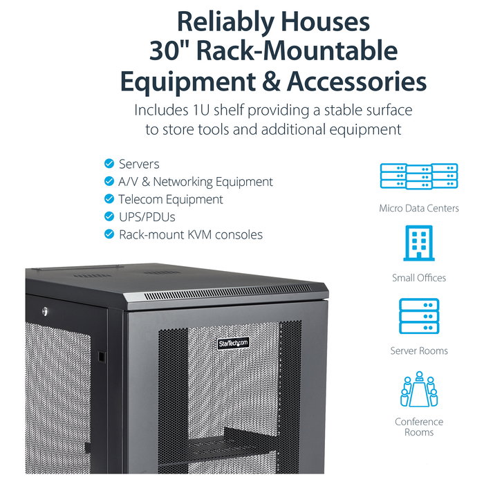 StarTech Armario Rack para Servidores 18U 19" - Bastidor 4 Postes 450 kg con Ruedas, Gestion de Cables y Cerradura - 85.5 cm Profundidad