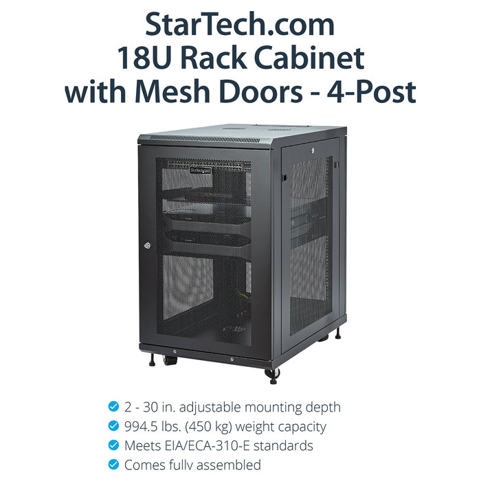 StarTech Armario Rack para Servidores 18U 19" - Bastidor 4 Postes 450 kg con Ruedas, Gestion de Cables y Cerradura - 85.5 cm Profundidad