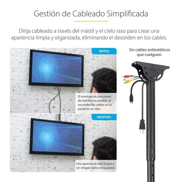 StarTech FPCEILPTBLP Soporte de Techo para TV con Movimiento Completo, Mástil Ajustable de 250-300cm, para Pantallas de 32 a 75 Pulgadas, Hasta 50kg, Negro