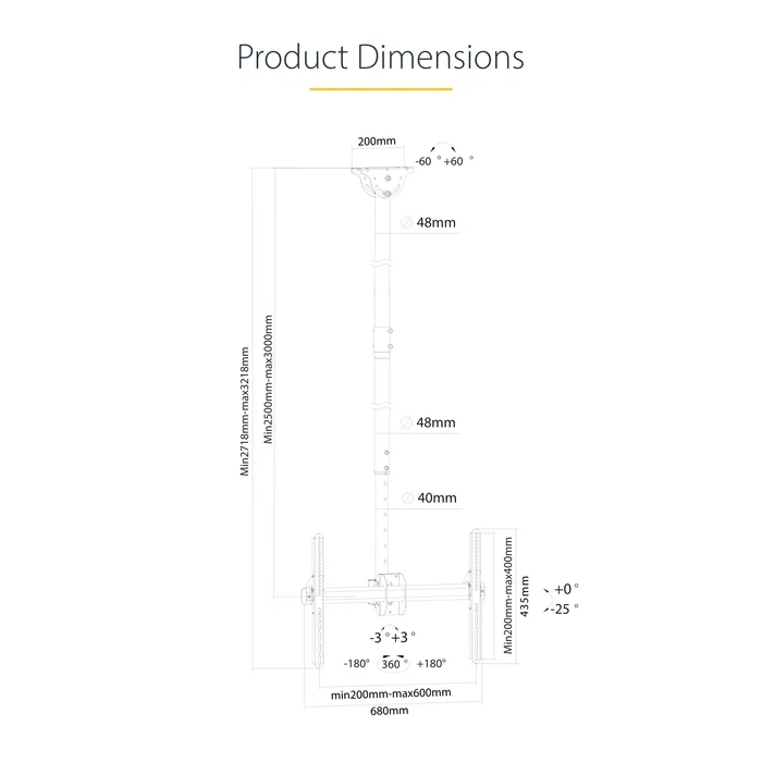 StarTech FPCEILPTBLP Soporte de Techo para TV con Movimiento Completo, Mástil Ajustable de 250-300cm, para Pantallas de 32 a 75 Pulgadas, Hasta 50kg, Negro