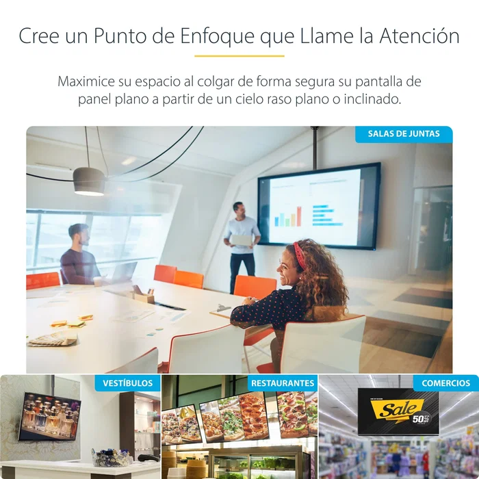 StarTech FPCEILPTBLP Soporte de Techo para TV con Movimiento Completo, Mástil Ajustable de 250-300cm, para Pantallas de 32 a 75 Pulgadas, Hasta 50kg, Negro