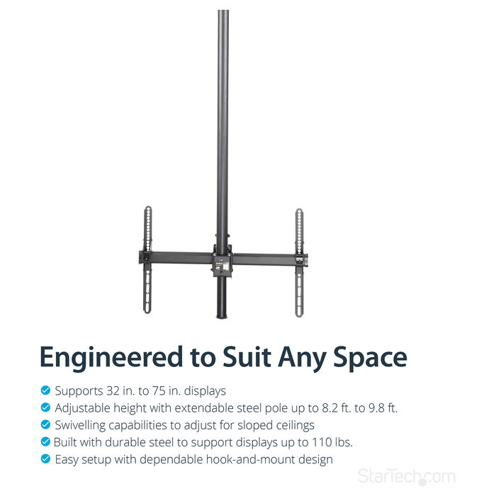 StarTech TV Deckenhalterung - 2,5m bis 3m Stange, Vollbewegliche Fernsehhalterung TV VESA Halterung 32 bis 70 Zoll (81cm - 178cm)