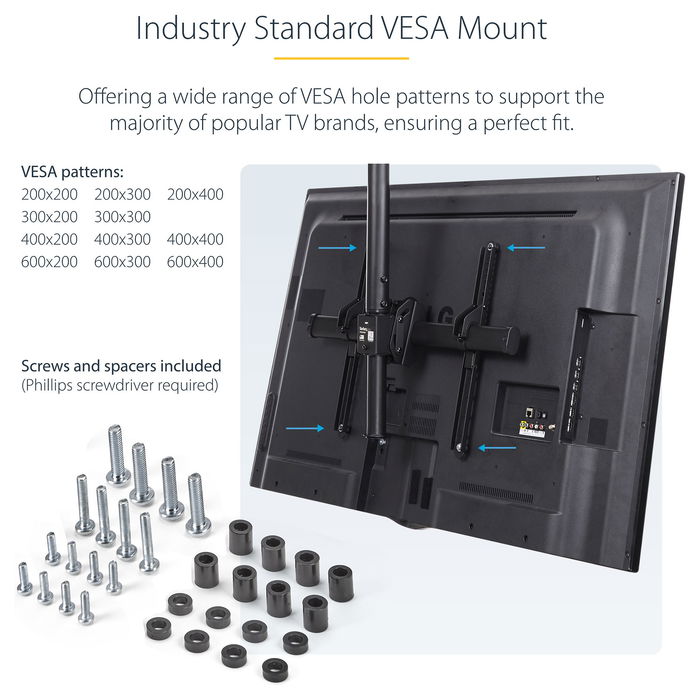 StarTech TV Deckenhalterung - 2,5m bis 3m Stange, Vollbewegliche Fernsehhalterung TV VESA Halterung 32 bis 70 Zoll (81cm - 178cm)