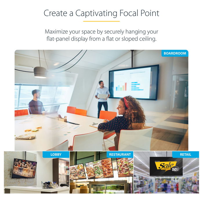 StarTech TV Deckenhalterung - 2,5m bis 3m Stange, Vollbewegliche Fernsehhalterung TV VESA Halterung 32 bis 70 Zoll (81cm - 178cm)