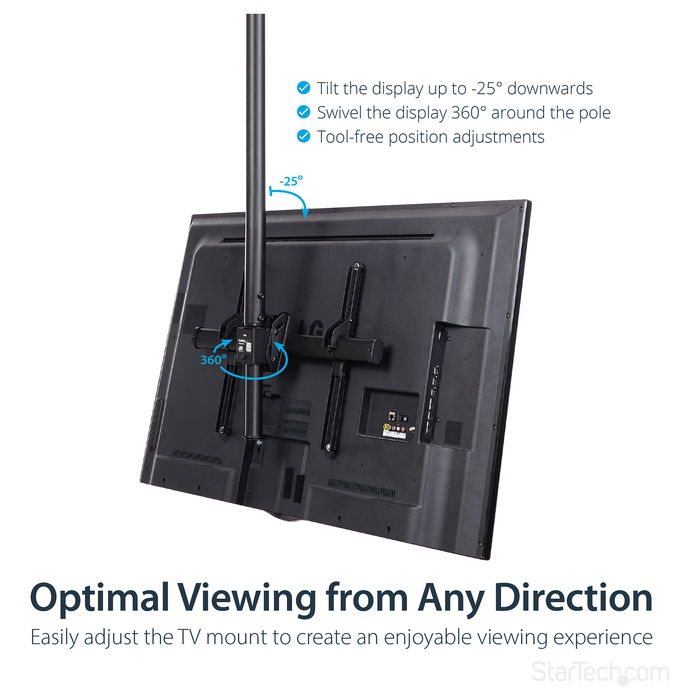StarTech TV Deckenhalterung - 2,5m bis 3m Stange, Vollbewegliche Fernsehhalterung TV VESA Halterung 32 bis 70 Zoll (81cm - 178cm)