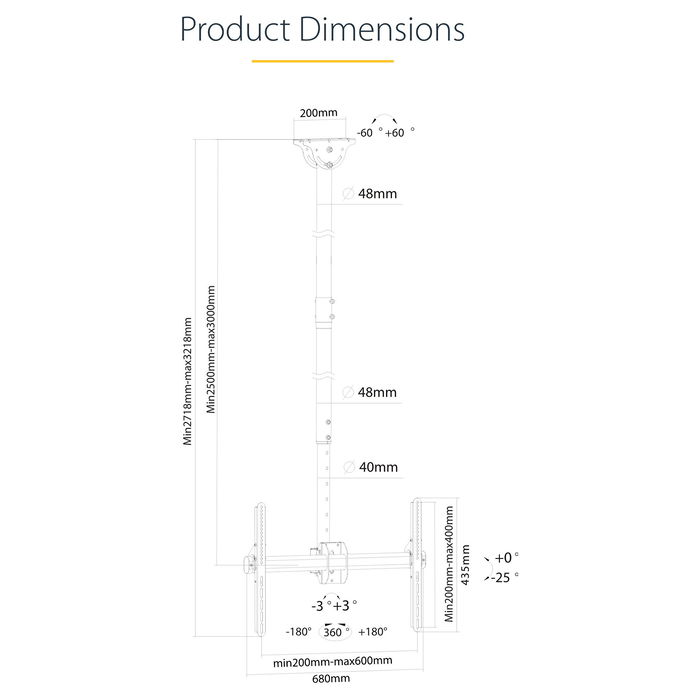 StarTech TV Deckenhalterung - 2,5m bis 3m Stange, Vollbewegliche Fernsehhalterung TV VESA Halterung 32 bis 70 Zoll (81cm - 178cm)