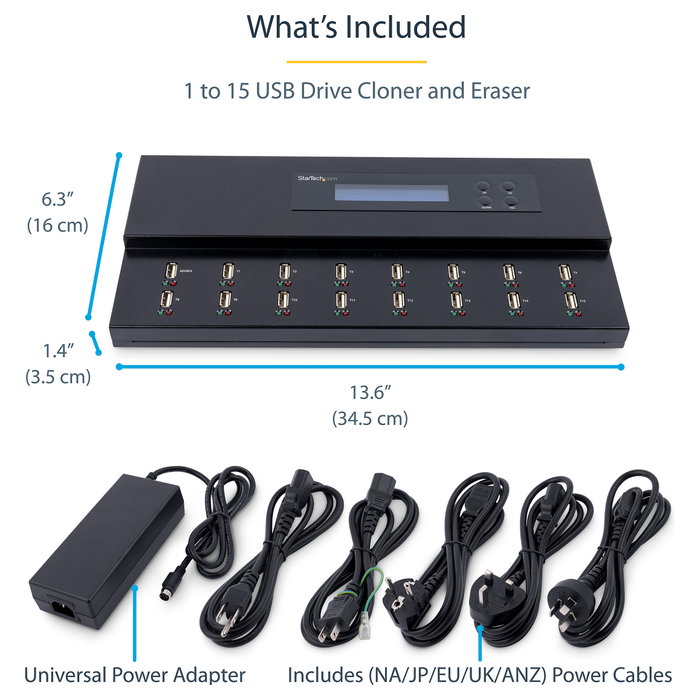 StarTech Duplicador USB Autónomo 1 a 15 - Clonador de Memorias USB 2.0, Copia Sector por Sector 1.5 GB/min, Pantalla LCD, Hasta 2 TB, Negro