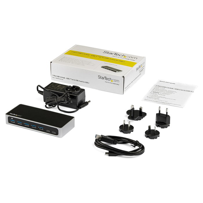 StarTech.com Hub Concentrador USB-C de 7 Puertos - 5x USB-A y 2x USB-C - 5 Gbps - USB 3.2 Gen 1 - Alimentado Externamente - Negro/Plata