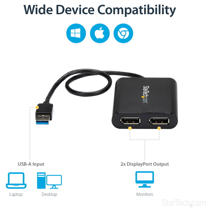StarTech.com Adaptador Gráfico Externo USB 3.0 a DisplayPort Doble | Conversor USB 3.0 a DP con Video Doble 4K 60Hz