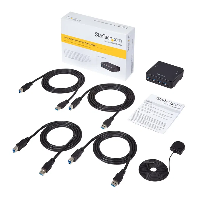 StarTech.com HBS304A24A Conmutador USB 3.2 Gen 1 de 4x4 Puertos para Compartir Periféricos (Switch USB, Automatizado, 5 Gbps) - Negro