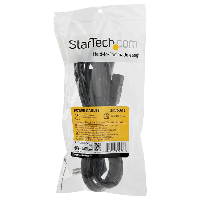 StarTech Cable de Alimentación Y PXT101YEU2M Negro 2m - Enchufe Schuko UE CEE7/7 a 2 Conectores IEC C13 250V 10A para Ordenador, Monitor