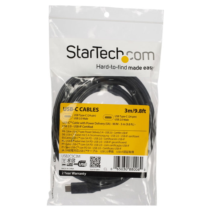 StarTech.com Cable USB-C a USB-C de 3m, 5A, 100W, Negro