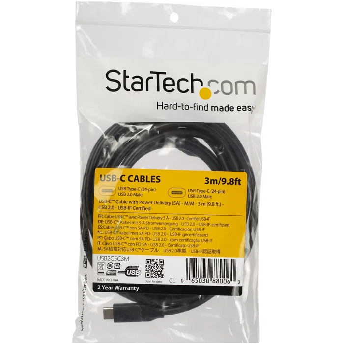 Startech Cable USB-C a USB-C 3m USB 2.0 - Certificado USB-IF - 5A / 100W PD - Para Carga Rápida y Alimentación de Portátiles - Negro