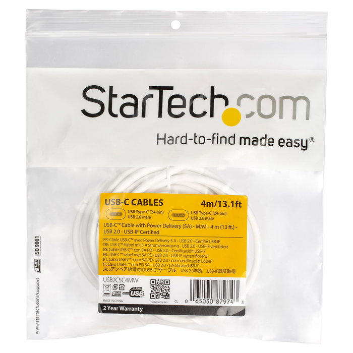 StarTech Cable USB-C a USB-C 4m 5A 100W Blanco StarTech Cable USB-C a USB-C 4m 5A 100W Blanco