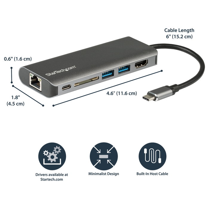StarTech.com Adaptador USB-C a HDMI 4K con PD 60W, Ethernet GbE, 2 USB 3.0, Lector SD/SDHC/MicroSD - Hub de Puerto Tipo C - Mini Dock para Viajes StarTech.com Adaptador USB-C a HDMI 4K con PD 60W, Ethernet GbE, 2 USB 3.0, Lector SD/SDHC/MicroSD - Hub de Puerto Tipo C - Mini Dock para Viajes