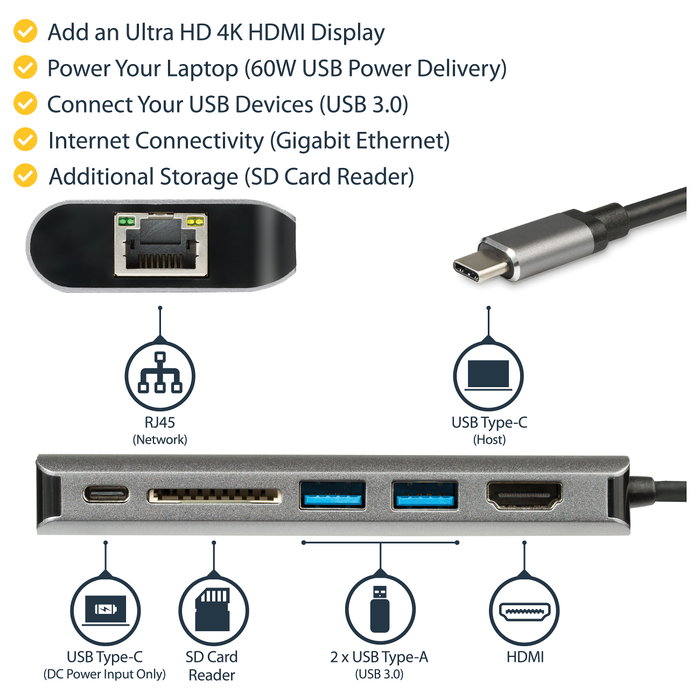 StarTech.com Adaptador USB-C a HDMI 4K con PD 60W, Ethernet GbE, 2 USB 3.0, Lector SD/SDHC/MicroSD - Hub de Puerto Tipo C - Mini Dock para Viajes StarTech.com Adaptador USB-C a HDMI 4K con PD 60W, Ethernet GbE, 2 USB 3.0, Lector SD/SDHC/MicroSD - Hub de Puerto Tipo C - Mini Dock para Viajes