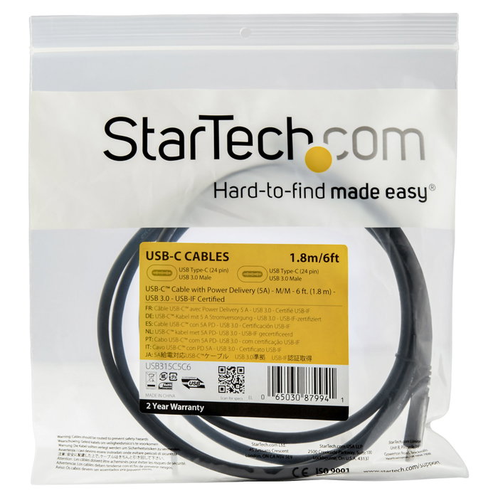StarTech.com Cable USB-C a USB-C de 1,8m, 100W, 5Gbps, Negro StarTech.com Cable USB-C a USB-C de 1,8m, 100W, 5Gbps, Negro