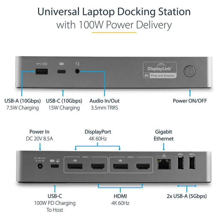 StarTech.com Docking Station Universal Híbrida USB-C/USB-A con Doble 4K y PD 100W StarTech.com Docking Station Universal Híbrida USB-C/USB-A con Doble 4K y PD 100W
