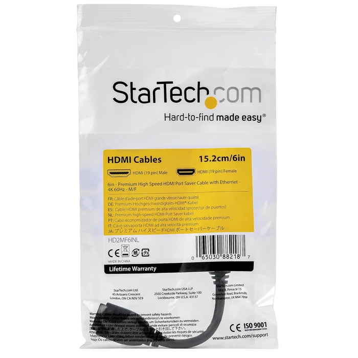 StarTech.com HD2MF6INL Cable Alargador/Extensor HDMI 2.0 Macho-Hembra 15cm, Alta Velocidad 18Gbps, 4K 60Hz, HDR, HDCP 2.2, Audio 32 Canales, Conector de Agarre, Negro