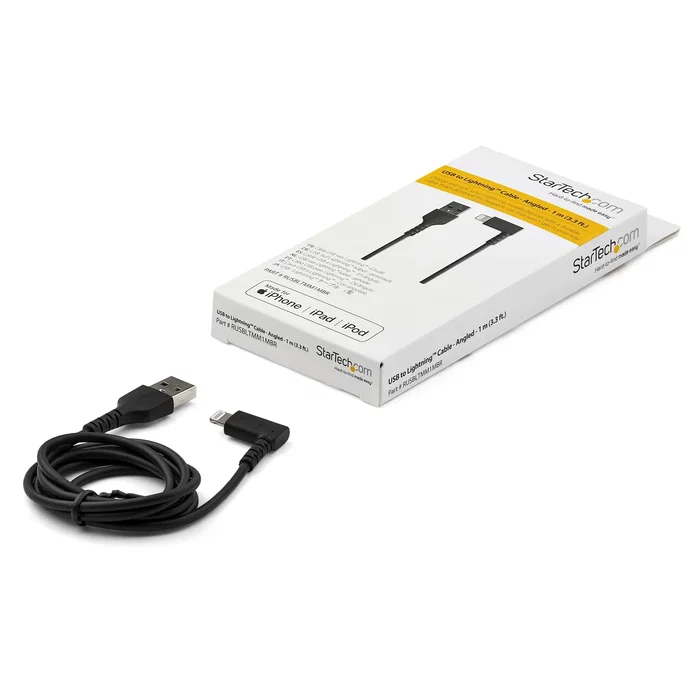 StarTech.com RUSBLTMM1MBR Cable de 1 m Lightning en Ángulo a USB A, Reforzado con Fibra de Aramida, Certificado MFI, Alivio de Tensión, Negro