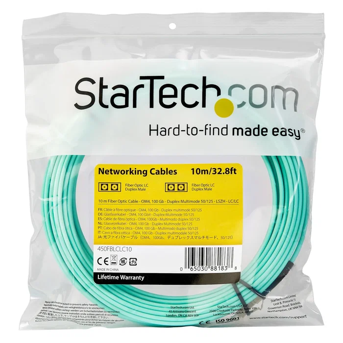 StarTech.com Cable de Fibra Óptica OM4 Multimodo 50/125 Duplex LC a LC - 10m - Aqua - Hasta 100 Gbps - Para SAN/SFP+/QSFP+ - LSZH - 450FBLCLC10