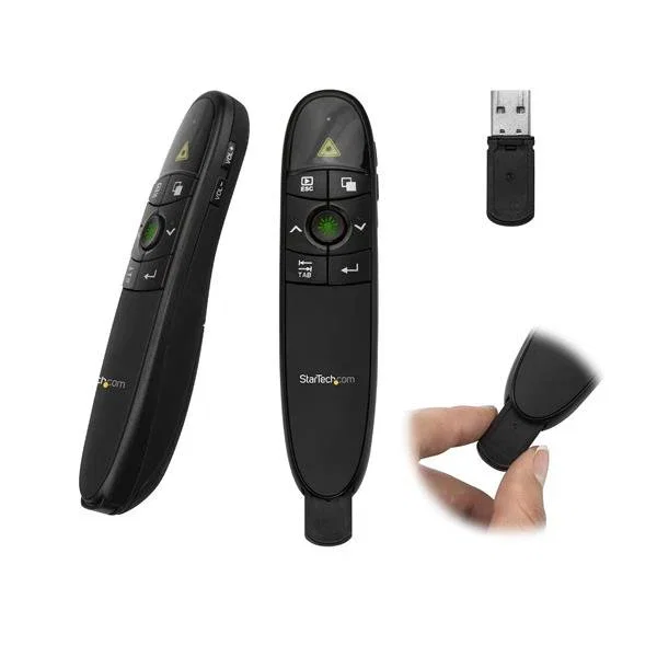 StarTech.com PRESREMOTEG Mando a Distancia para Presentaciones USB Inalámbrico con Puntero Láser Verde, 27m Alcance, Volumen, Mac y Windows