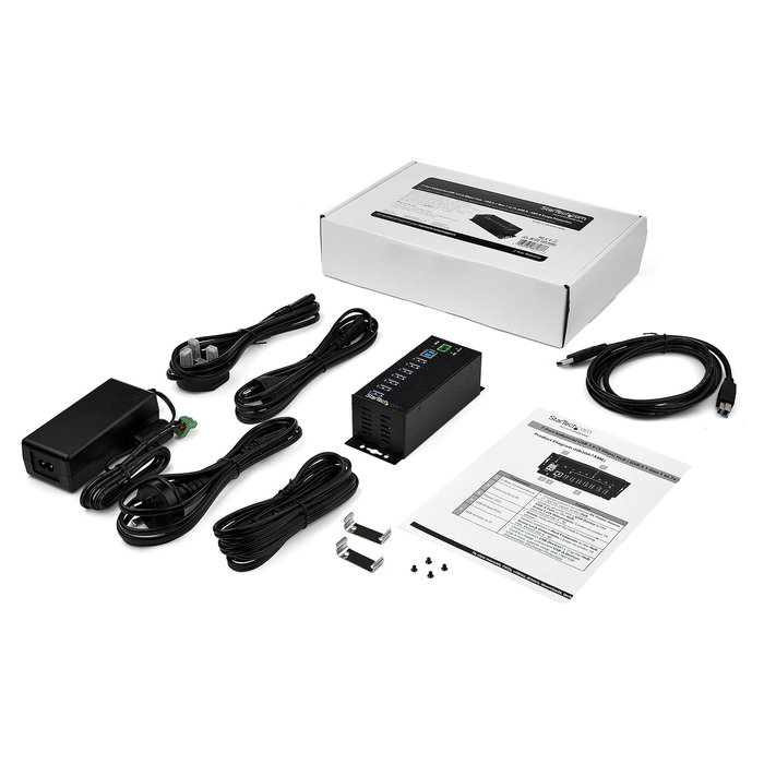 StarTech.com Hub USB Industrial de 7 Puertos con Fuente de Alimentación - USB 3.2 Gen 1 (5 Gbps) para Montaje en Pared, Carril DIN o Mesa