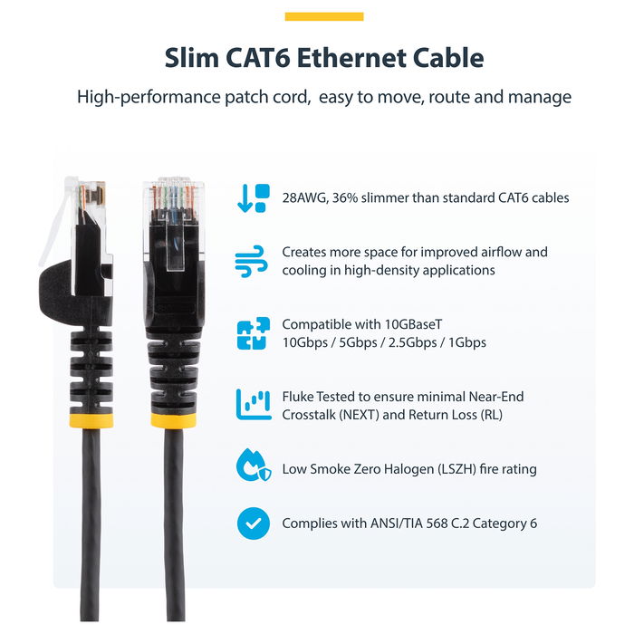 StarTech Cable de Red Cat6 UTP Slim de 3 Metros Negro 28 AWG LSZH Snagless, RoHS StarTech Cable de Red Cat6 UTP Slim de 3 Metros Negro 28 AWG LSZH Snagless, RoHS