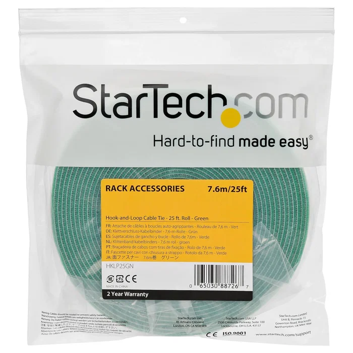StarTech.com HKLP25GN Rollo de Cinta de Gancho y Lazo para Cableado, Nylon Verde, Ajustable y Reutilizable, 7.6m de Largo, 19mm de Ancho - 1 Pieza