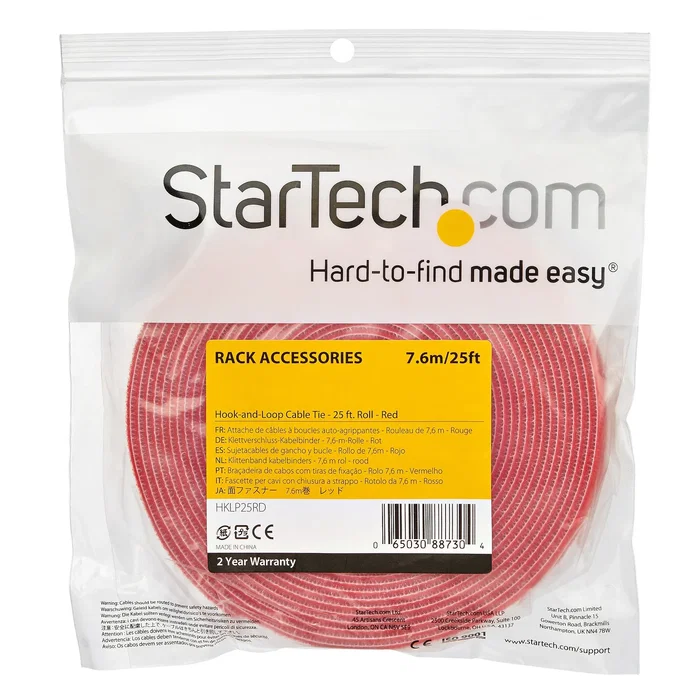 StarTech.com Bobina de Brida para Cables de Nylon, Gancho y Bucle Autoadherente, 7.6m x 19mm, Rojo, para Gestión de Cableado - HKLP25RD