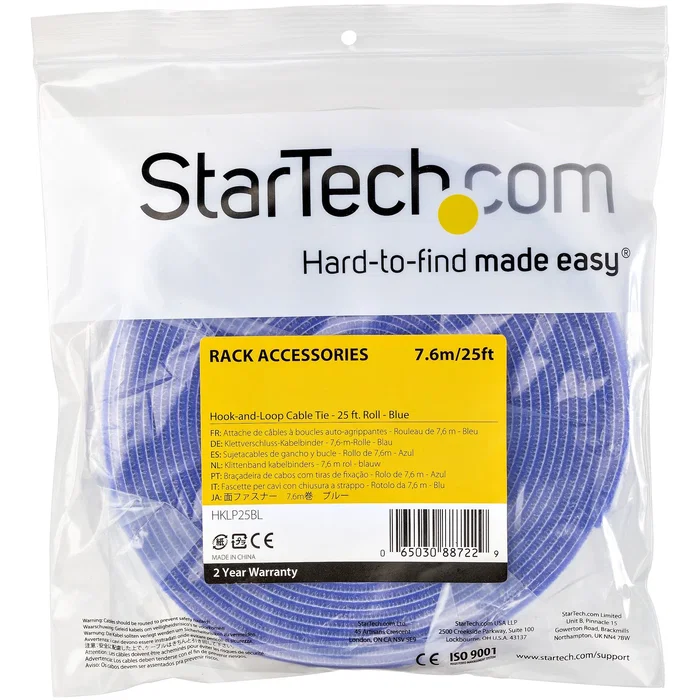 StarTech.com HKLP25BL Cinta/Bobina de Velcro Gancho y Bucle para Bridas de Cable - 7.6m, Azul, Nylon, Ajustable y Reutilizable - Organizador y Gestión de Cables
