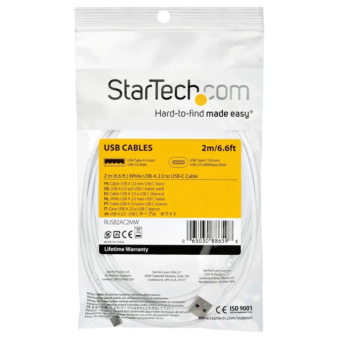 StarTech RUSB2AC2MW Cable USB-A a USB-C 2.0 2m Blanco con Fibra de Aramid - Carga Rápida 3A 60W, Compatible con iPhone 15, iPad Pro, Samsung Galaxy, Google Pixel