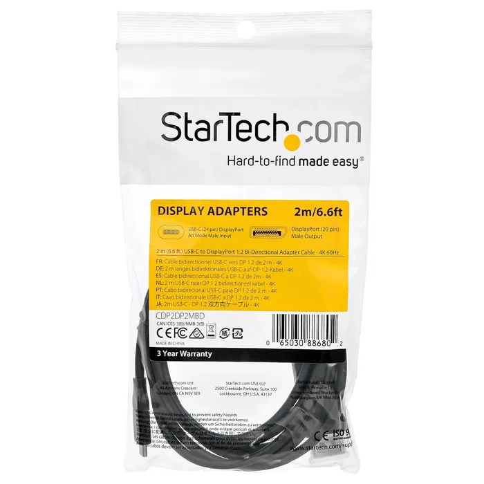StarTech.com CDP2DP2MBD Cable Adaptador USB-C a DisplayPort 1.2 Bidireccional 2m - Negro, 4K 60Hz, HDR, 21.6Gbps, Compatible con Thunderbolt 3 StarTech.com CDP2DP2MBD Cable Adaptador USB-C a DisplayPort 1.2 Bidireccional 2m - Negro, 4K 60Hz, HDR, 21.6Gbps, Compatible con Thunderbolt 3