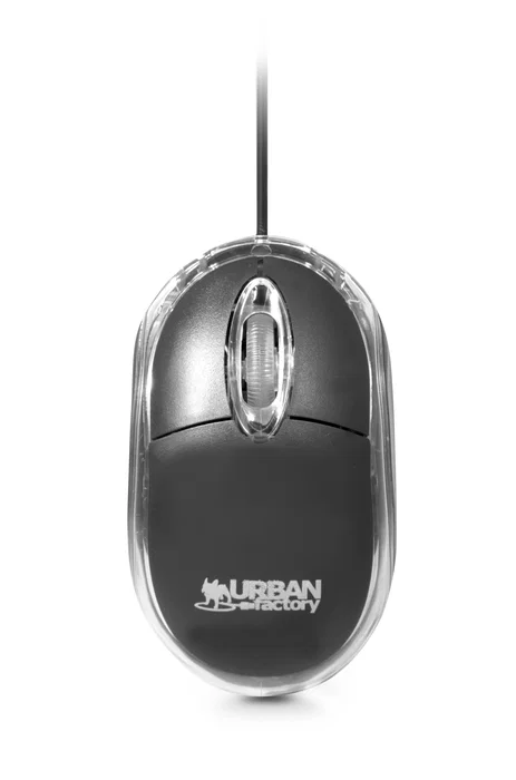 Urban Factory BDM02UF - Ratón Óptico Mini Ambidiestro USB 800 DPI Plug & Play con Cable 0,8 m - Color Negro y Transparente