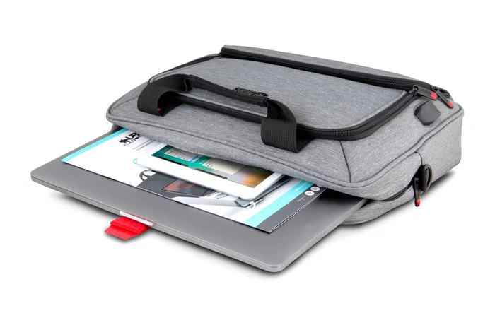 Urban Factory Mixee Maletín para Portátil con Puerto USB para Smartphone/Tableta, Compartimento para Portátil hasta 14.1" y Tableta hasta 10.5", Organizador, Gris/Rosa