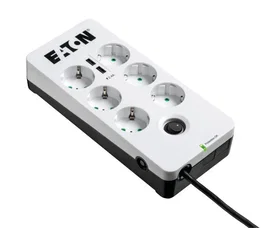 Eaton PB6UD - Regleta con Limitador de Sobretensiones, 6 Salidas AC + 2 Puertos USB, 2500W, 220-250V, Cable 1.5m, Negro/Blanco