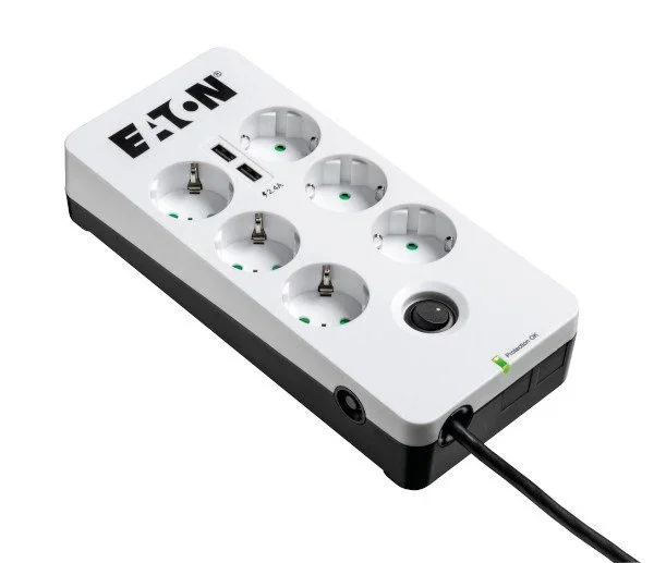 Eaton PB6UD - Regleta con Limitador de Sobretensiones, 6 Salidas AC + 2 Puertos USB, 2500W, 220-250V, Cable 1.5m, Negro/Blanco