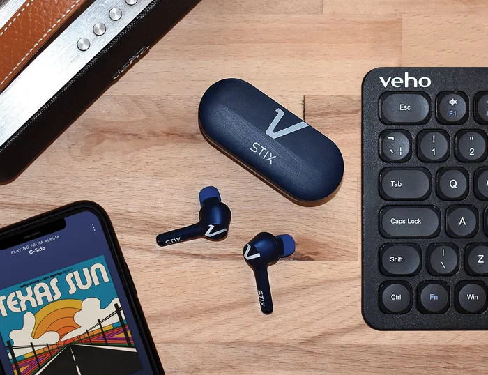 Veho STIX Auriculares Inalámbricos True Wireless Intrauditivos Bluetooth 5.0, Resistencia al Agua IPX5, Batería 4h, Color Azul