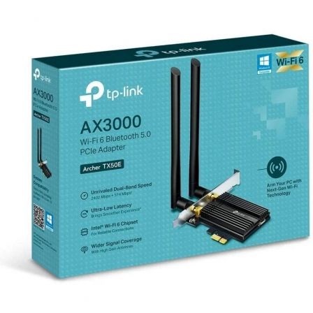 TP-Link Archer TX50E Adaptador PCIe Wi-Fi 6 AX3000 Bluetooth 5.0 para PC - 2402 Mbps (5 GHz) + 574 Mbps (2.4 GHz), 2 Antenas, WPA3, Compatible con Windows 10 TP-Link Archer TX50E Adaptador PCIe Wi-Fi 6 AX3000 Bluetooth 5.0 para PC - 2402 Mbps (5 GHz) + 574 Mbps (2.4 GHz), 2 Antenas, WPA3, Compatible con Windows 10