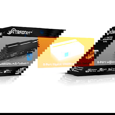 TRENDnet TPE-TG44g Switch PoE No Administrado de 8 Puertos Gigabit con 4 Puertos PoE y 4 No-PoE, GREENnet, 16 Gbit/s, Negro