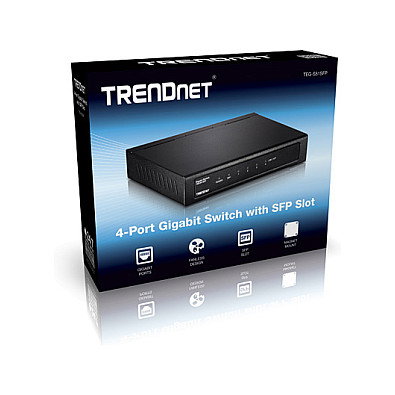 TRENDnet TEG-S51SFP Conmutador de Red Gigabit Ethernet 10/100/1000 de 5 Puertos, 4 RJ-45 + 1 SFP, No Administrado, Full Duplex, Negro, Montaje de Pared