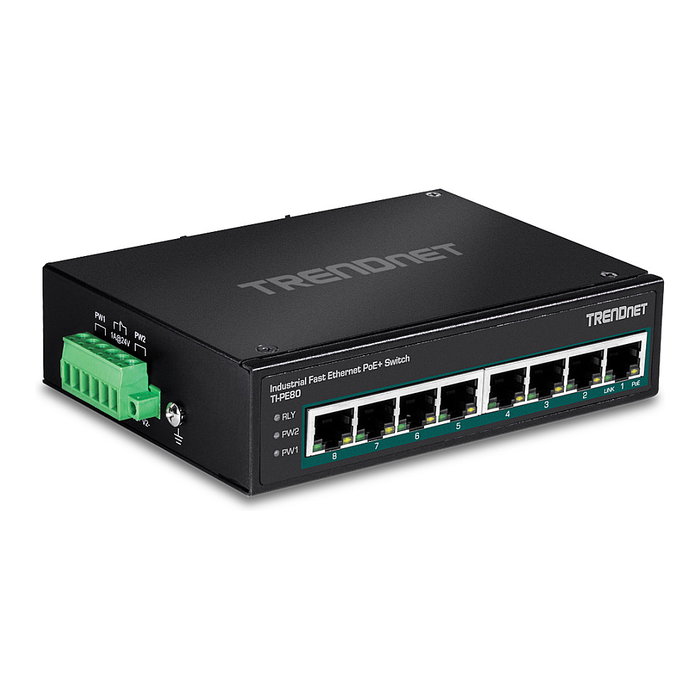TRENDnet TI-PE80 Switch Industrial Fast Ethernet PoE+ 8 Puertos No Administrado, Montaje en Carril DIN, 200W Presupuesto PoE TRENDnet TI-PE80 Switch Industrial Fast Ethernet PoE+ 8 Puertos No Administrado, Montaje en Carril DIN, 200W Presupuesto PoE