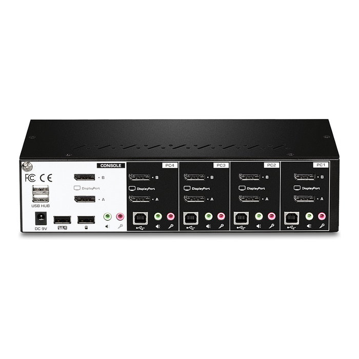 TRENDnet TK-440DP Switch KVM 4 Puertos DisplayPort 1.2 para 4 PCs, Dual Monitor 4K Ultra HD @144Hz, con Hub USB, Audio y 4 Puertos Ethernet, Color Negro/Plata